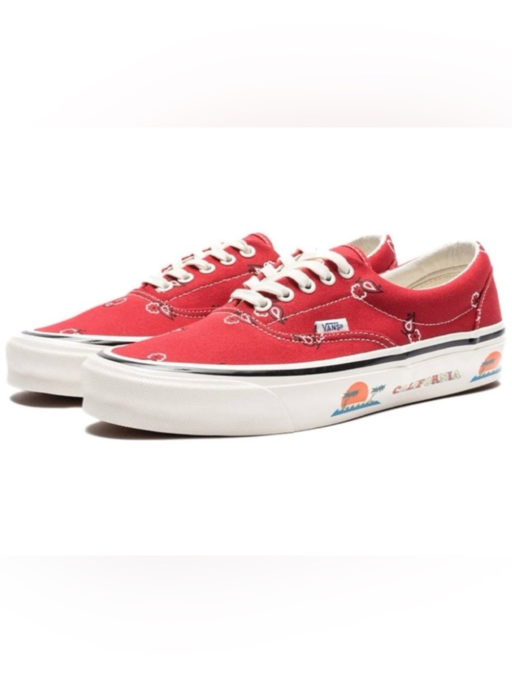 Vans Red Canvas Low-Top Sneakers with White Sole and Sunset Graphics